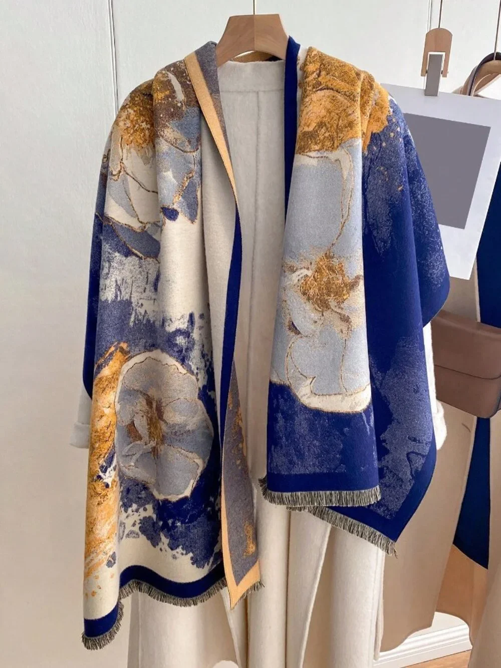 Navy Blue Casual Women's Plants Graphic Jacquard Rectangular Shawl